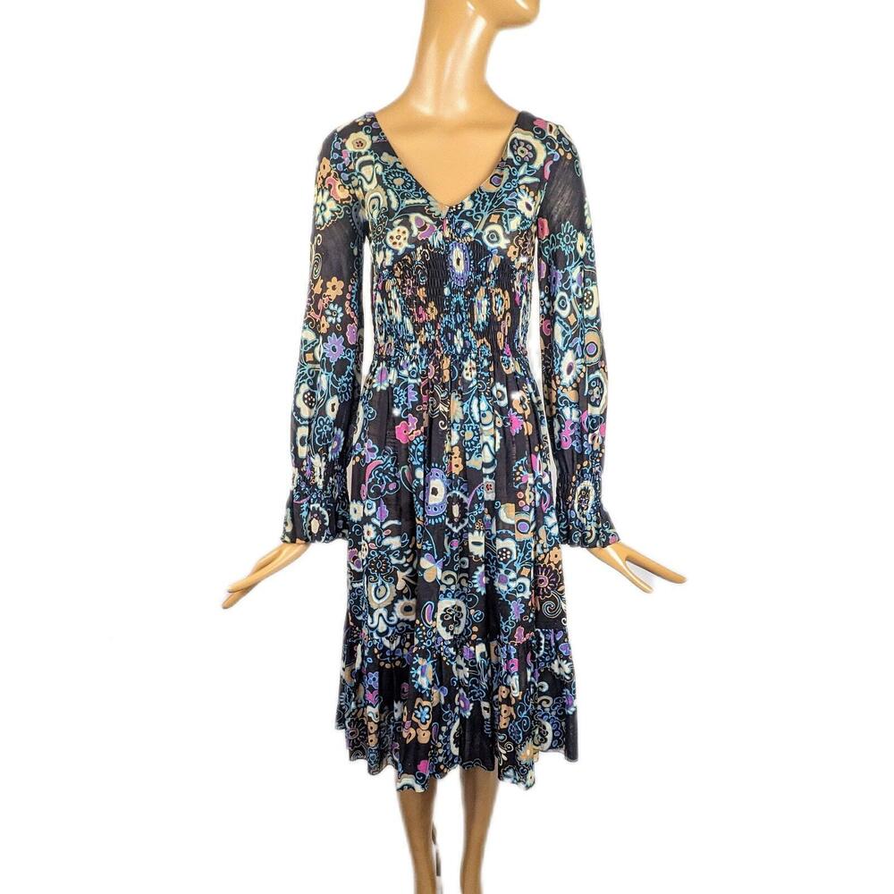 1960s dark floral psychedelic‎ long sleeve minidress vintage bell sleeve flare - Picture 4 of 6